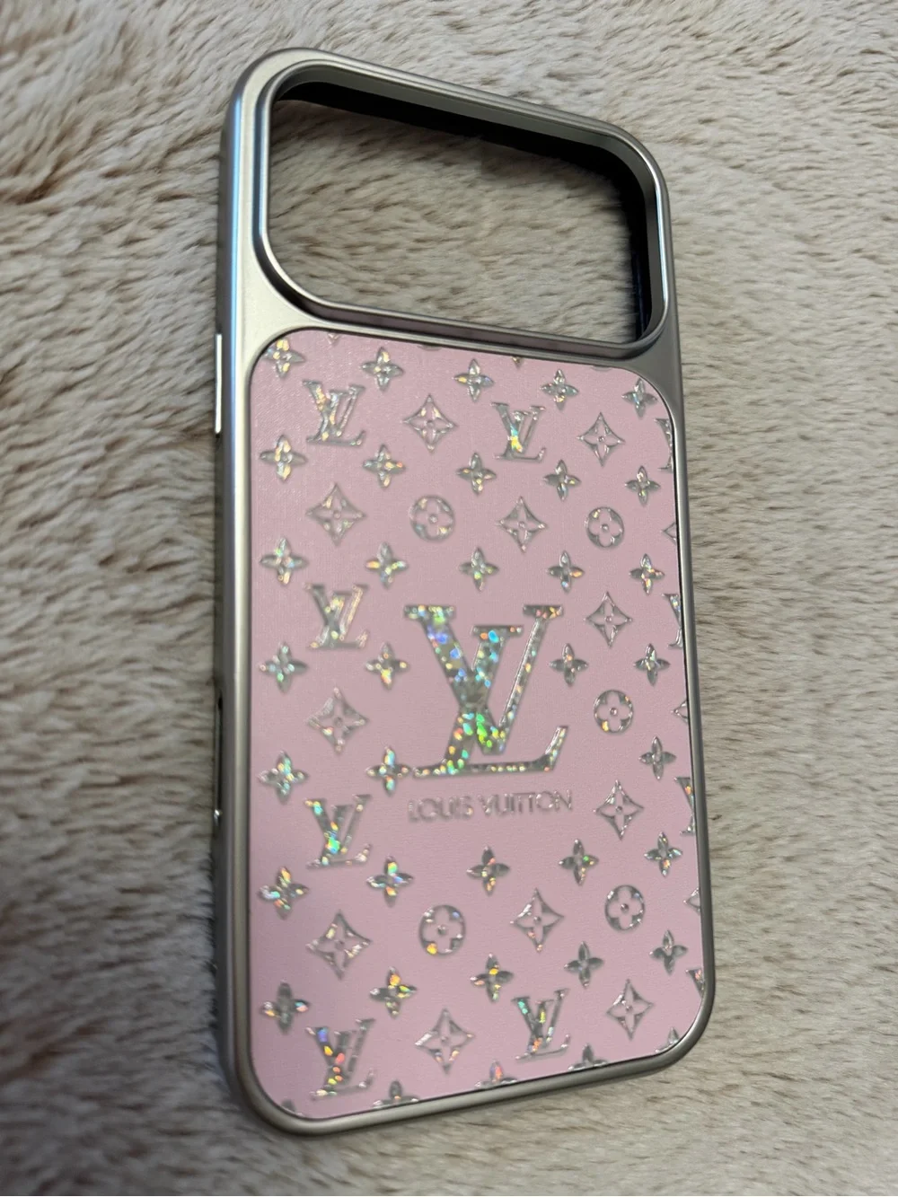 17 pro max Pink Holographic Monogram Phone Case with Gold Trim